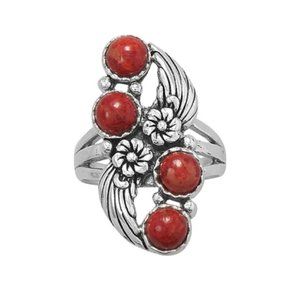 Floral Design Dyed Red Coral Sterling Silver Ring